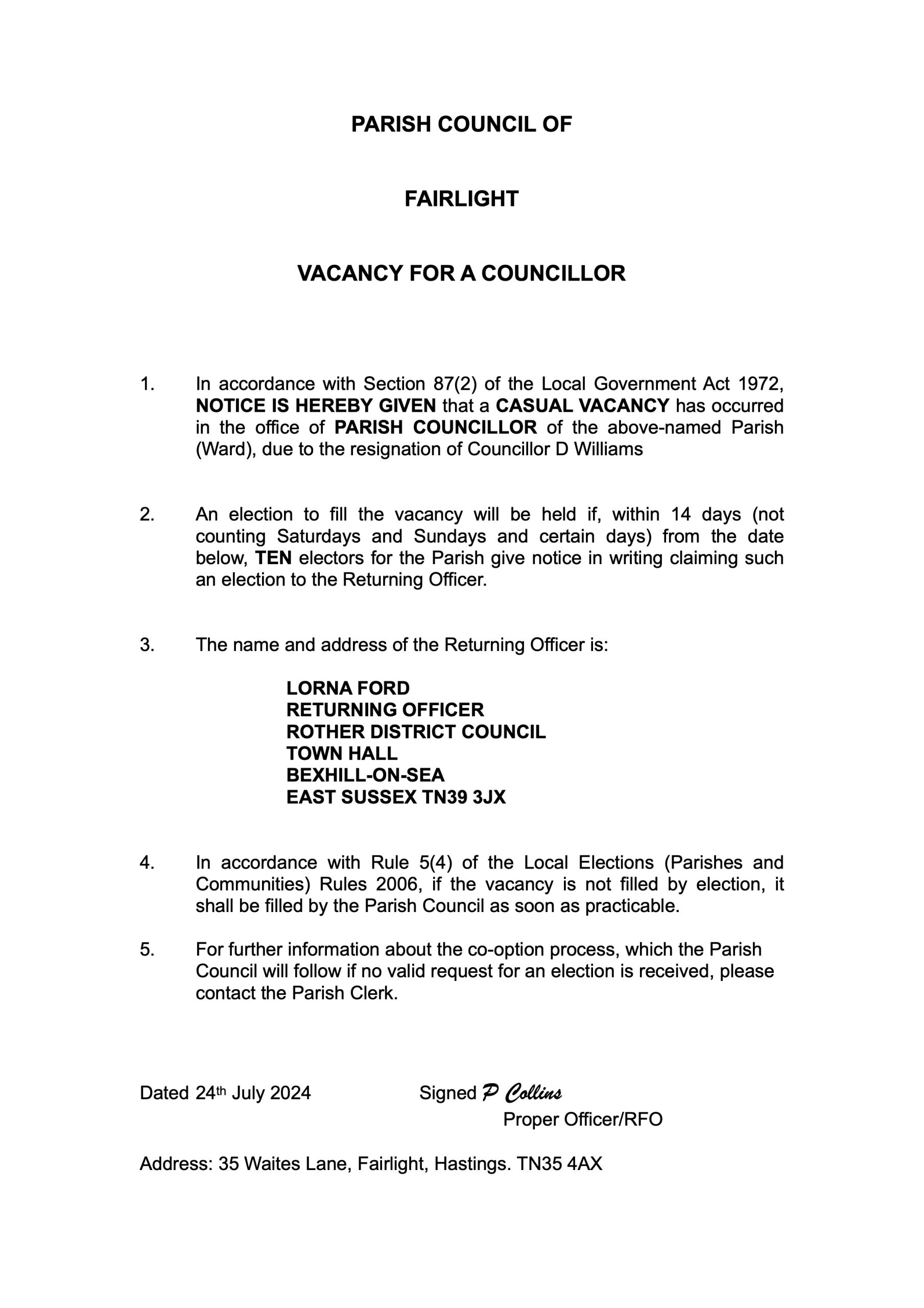 NOTICE OF VACANCY D Williams